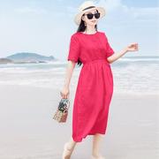 夏季蓝色沙滩裙短袖蕾丝，亚麻连衣裙女中长款海南泰国旅游棉麻裙子