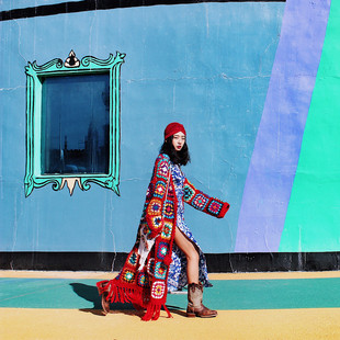 猫之旅店 西藏旅拍女装嬉皮编织钩花手工民族风毛衣红色流苏外套