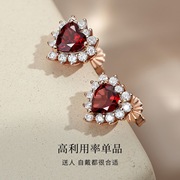 s925纯银爱心红石榴耳钉女跨境风个性心形耳环七夕礼物感耳饰