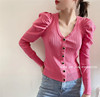 针织衫319 欧洲站春季女装韩版气质泡泡袖粉红色开衫