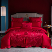 恒源祥新婚床上四件套大红中式刺绣，婚庆60支全棉床单1.5m被套枕套