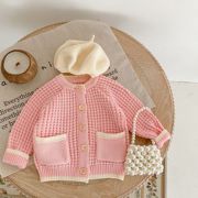 春秋季女童宝宝婴幼儿童，衣服毛衣半镂空粉色针织棉纱长袖开衫外套