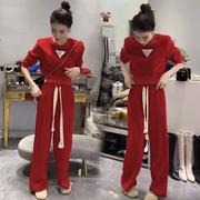 抖音网红同款时尚套装女2021秋冬纯色，套头卫衣休闲系带拖地裤