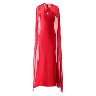 果儿女装红色晚礼服裙配山茶花斗篷连衣裙年中节日宴会裙