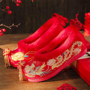 冬季加绒中式新娘秀禾结婚鞋内增高红色绣花女棉鞋古风汉服鞋保暖