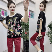 新中式重工刺绣圆领短袖T恤小衫女夏季高级感气质显瘦上衣 国风衫