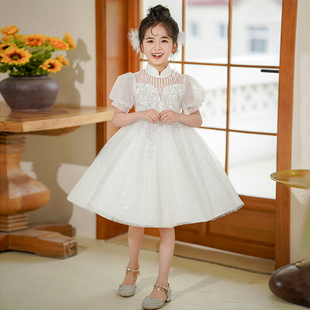 儿童礼服女童夏季短装公主裙，高端生日白色蓬蓬裙主持人礼服裙