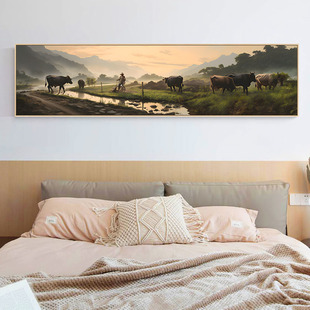 耕牛油画感喷绘装饰画，卧室床头挂画欧式美式田园，沙发背景墙画风景