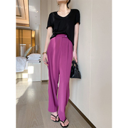 紫色裤子女2023秋季垂感慵懒风气质休闲裤，显瘦宽松轻薄直筒裤