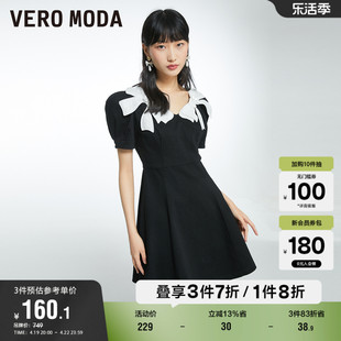 Vero Moda奥莱连衣裙子夏季甜美蝴蝶结黑色泡泡袖牛仔裙女