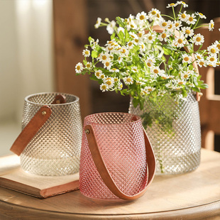 钻石皮革手提水桶包包，玻璃花器灰色粉色，菱格纹理透明花瓶摆件