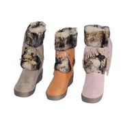 休闲磨砂牛皮圆头坡跟冬季中筒靴，流苏真皮套筒，加厚棉靴22897201
