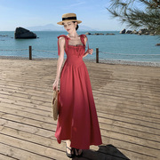 法式复古火龙果玫红色蝴蝶结，绑带吊带垂坠感连衣裙a字度假沙滩裙
