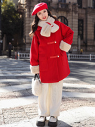 新年战袍女童呢子大衣冬装女孩，加厚洋气圣诞年服儿童红色毛呢外套