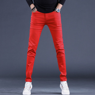 香港高端红色牛仔裤，男修身小脚秋季弹力百搭弹力，休闲长裤子潮