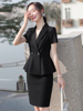 黑色短袖西装套装女夏季薄款气质，修身职业装套裙美容院前台工作服
