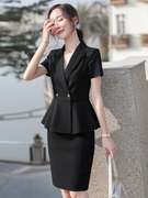 黑色短袖西装套装女夏季薄款气质修身职业装套裙美容院前台工作服