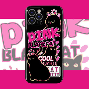 PINK~甜酷黑猫光面适用华为nova9手机壳iPhone14/13promax红米k60pro涂鸦苹果11OPPOa58荣耀80可爱vivoy52s女