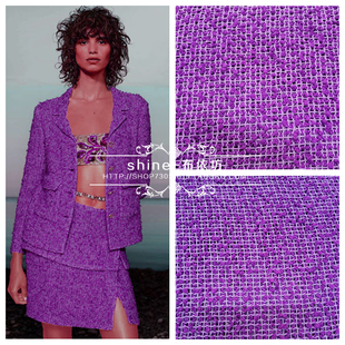 21年春夏香家紫色+玫粉镂空花呢粗纺面料小香风外套服装布料