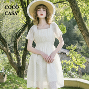 cococasa法式方领蕾丝连衣裙女中长款小个子2023夏新梨型身材裙子