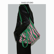 光夏GASO小众设计帆布购物袋托特包女大容量针织包绿色单肩包