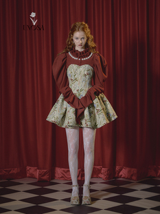 UNOSA原创设计旖旎花丛抹胸吊带复古提花连衣裙珍珠暗红羊腿衬衫