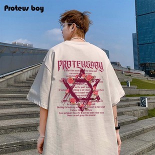 proteusboy短袖t恤男夏季2024潮男生美式印花纯棉，上衣服半袖t