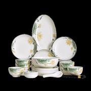 裕行中国风陶瓷餐具套装盘子，碗筷鱼盘套装礼盒，包装32头莲年有鱼
