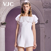 VJC/威杰思春夏女装白色法式荷叶边一字领修身连体短裤