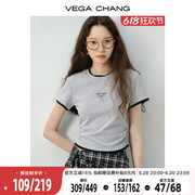 VEGA CHANG短袖T恤女2025新款夏蝴蝶结刺绣撞色正肩抽褶设计上衣