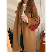冬季韩系双面羊绒大衣女中长款驼色高级感小个子茧型羊毛呢子外套