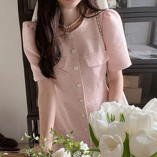 韩国chic夏季法式气质，圆领别致单排扣收腰显瘦短袖粗纺连衣裙女