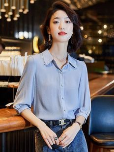 品牌外贸韩国东大门法国2024春款雪纺衬衫七分袖女中袖高级感