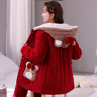 秋冬季睡衣女珊瑚，绒三层夹棉可爱连帽红色，加厚加绒家居服套装