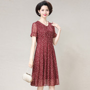 高贵台湾纱妈妈连衣裙短袖中老年女装夏季大码遮肚洋气减龄红裙子