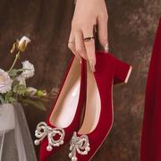 2023春季红色结婚鞋子女粗跟秀禾服两穿中式新娘高跟鞋孕妇不累脚
