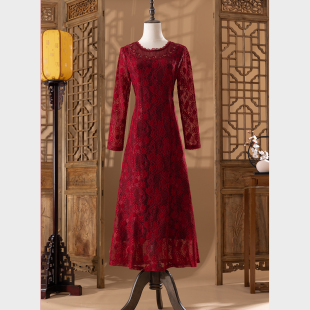 连衣裙红色礼服长袖，喜婆婆婚宴，装结婚礼服妈妈洋气高贵高端刺绣