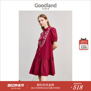 醋酸系列goodland美地女装夏季立领，绣花荷叶边连衣裙
