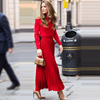 欧洲站凯特王妃明星同款女装春秋季红色套装裙针织毛衣两件套装女