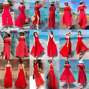 大红色连衣裙超仙长裙夏波西米亚，度假风红裙子，泰国三亚旅游沙滩裙