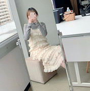 annuus日系纯色吊带裙荷叶，边黑色复古可爱宽松蛋糕裙连衣裙
