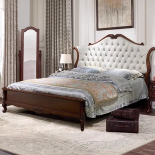 美式实木床真皮双人床公主，床主卧大床欧式复古床带软包靠背床婚床
