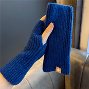 克莱因蓝色半指手套秋冬保暖毛线针织百搭弹力毛线露指防寒学生女