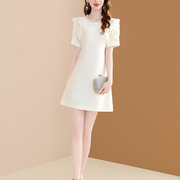 时尚白色高级感小个子，连衣裙女夏季2023荷叶边钉珠气质裙子