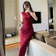 红色无袖连衣裙女夏季法式修身包臀长款名媛赫本小黑裙30174