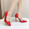 35-45大码女鞋44侧镂空高跟鞋，12cm细跟漆皮红色，反串职业伪娘单鞋