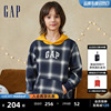 gap男童冬季logo碳素，软磨抓绒柔软卫衣休闲格纹运动连帽衫836849