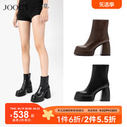 JOOC玖诗高跟短靴秋冬防水台胎牛皮时装靴复古短筒靴女鞋7096