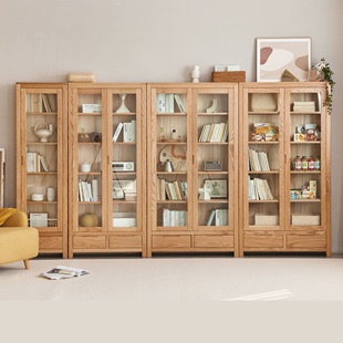 简约实木书架组合北欧抽屉收纳储物柜书房橡木带门书柜原木置物架