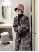 日系冬季气质洒脱英伦风格纹手工双面羊毛长款连帽修身大衣外套女